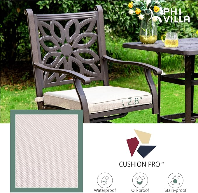 PHI VILLA 3 Pcs Cast Aluminum Patio Bistro Set, Extra Wide Armrest Dining Chairs with Cushion & 1 Round Bistro Dining Table with Umbrella Hole