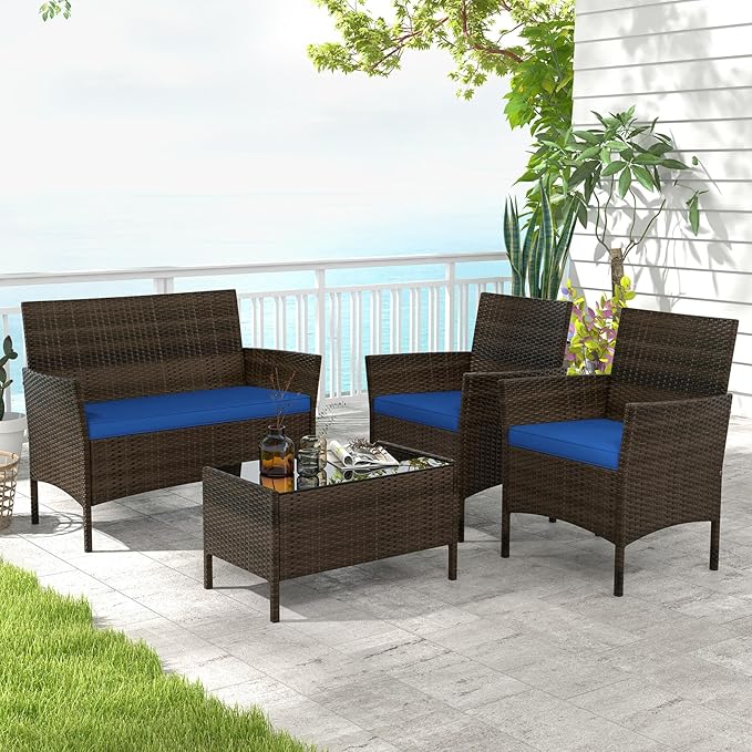 HAPPYGRILL 4 Pieces Outdoor Rattan Conversation Set, Patio Wicker Furniture Set with Loveseat Chairs & Tempered Glass Coffee Table, Outside Sectional Sofa Set for Backyard, Garden Poolside
