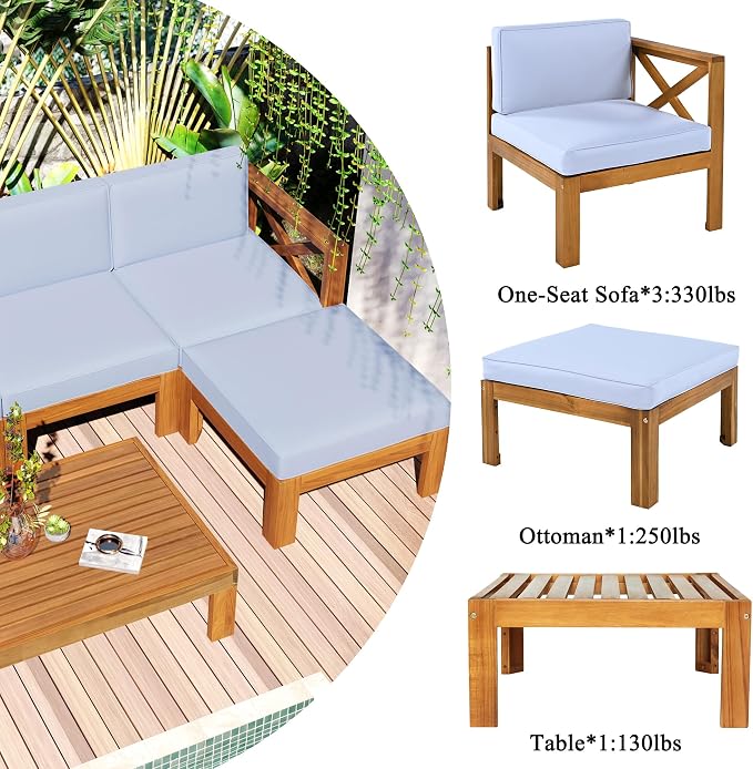 JIVOIT 5-Piece Outdoor Backyard Patio Set, Acacia Wood Sectional Sofa Seating Group Set with Tea Table and Cushions, Conversation Furniture Set for Garden Backyard Poolside
