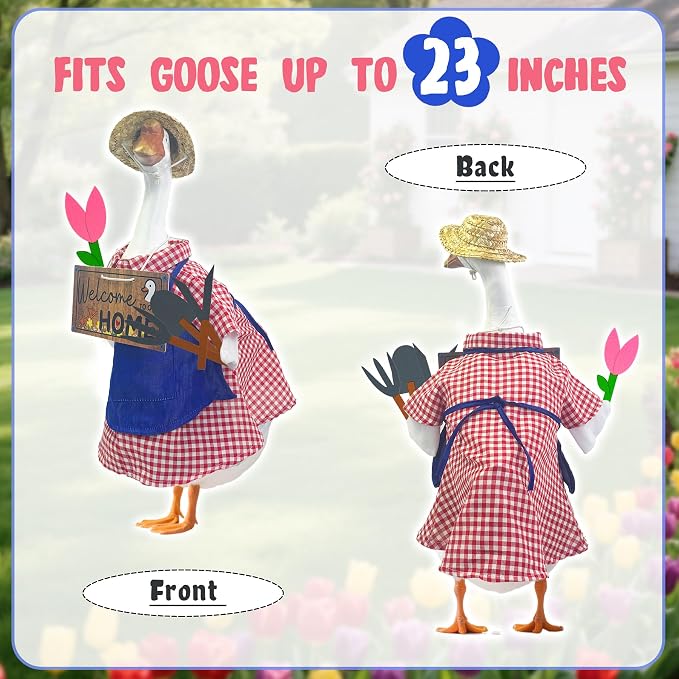 Gardener Porch Goose Summer Outfits Fits 23 inch, Spring Gardening Geese Statue Clothes Costume with Hat Shirt Apron Tools Flower, Garden Outdoor Yard Lawn Patio Decoration