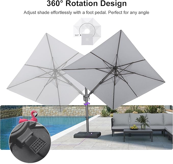 PURPLE LEAF 8' X 10' Swivel Outdoor Patio Aluminum Umbrella with Base Left-right Tilting Cantilever Offset Umbrella with UV Resistant Heavy Duty Fabric for Deck Pool Patio Backyard, Pebble Grey