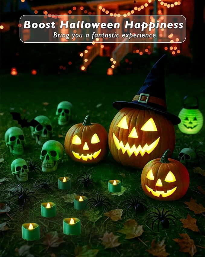 Raycare 24Pcs Green Battery Operated Tea Lights, 200+Hour Electric Flickering Flameless Candles, Realistic Votive LED Tea Lights for St. Patrick's Day Theme Party Halloween Christmas Decorations