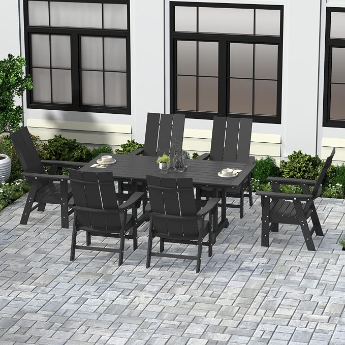 WestinTrends Ashore 7 Pieces Adirondack Outdoor Dining Set, All Weather Poly Lumber Slatted Modern Farmhouse Outdoor Furniture Set, 71" Trestle Dining Table and 6 Adirondack Dining Chair, Gray
