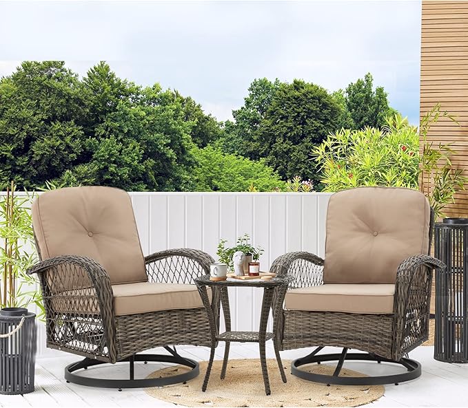 EROMMY 3 Pieces Outdoor Swivel Rocker Patio Chairs, 360 Degree Rocking Patio Conversation Set with Thickened Cushions and Glass Coffee Table for Backyard, Khaki
