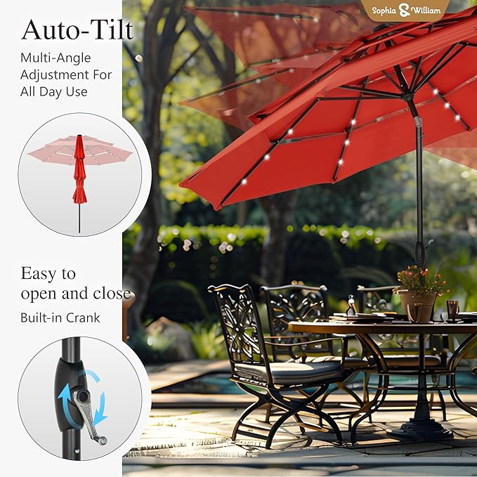 Sophia & William 10ft Patio Umbrellas 3-Tier Umbrella Outdoor Patio Umbrellas with Lights Vented Top 24 LED lights Adjustable Tilt for Pool Garden Backyard, Red