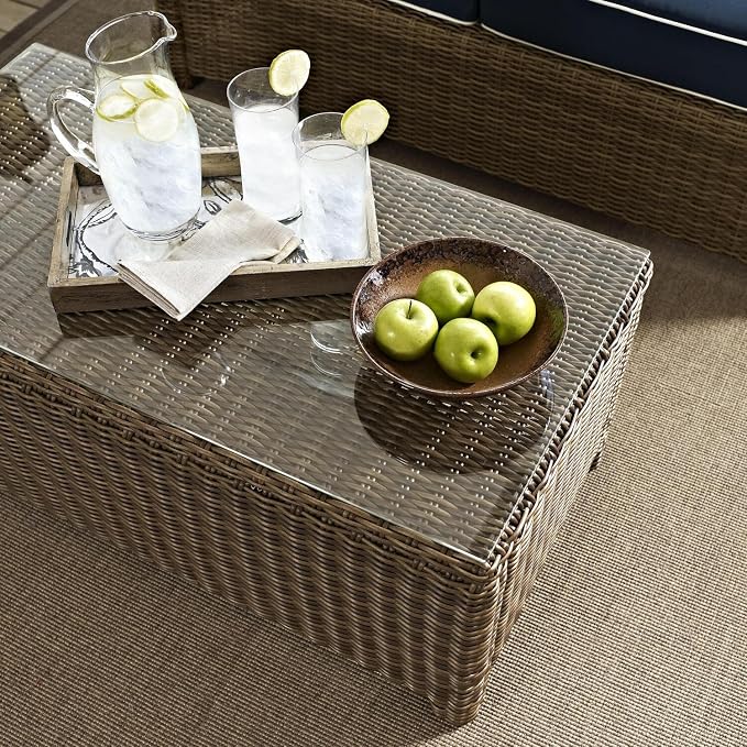 HomeStock Tuscan Treats Outdoor Wicker Rectangular Tempered Glass Top Coffee Table, Brown, 17.75" D x 40" W x 21" H, Durable Steel Construction, Modern Outdoor Patio/Lawn Coffee Table