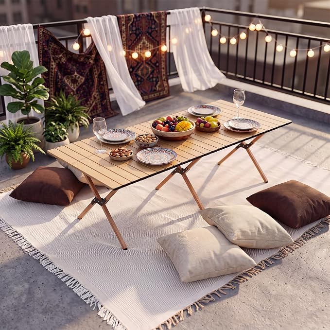 Wesiti 2 Pcs Low Picnic Table Foldable Lightweight Picnic Table Set 59" x 21" with Extra Large Outdoor Camping Blanket Sandproof Boho Beach Woven Cotton Yarn Blanket for Camping Beach Patio