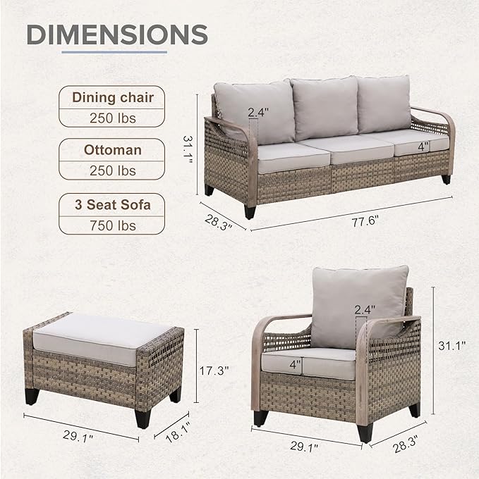 COOS BAY Modern Wicker Outdoor Furniture Set, 5 Piece Patio Conversation Set with 2 Patio Chairs, a 3 Seat Couch and 2 Ottomans, 5 Piece, Brown/Gray