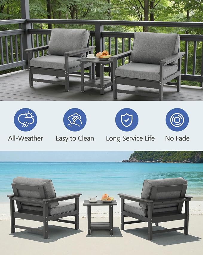 HDPE Outdoor Patio Chair Set with Cushions, 3-Piece Armchair Conversation Set with 2 Weatherproof Armchairs and Side Table, All-Weather Waterproof Deck Chairs for Garden, Porch, Balcony & Backyard