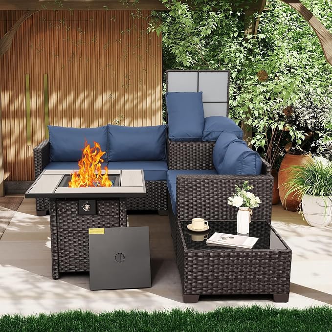 WAROOM Patio Furniture Set 5 Pieces Outdoor Conversation Sets PE Rattan Couch Loveseat Resin Wicker Sectional Sofa with Storage Box Coffee Table and Propane Fire Pit, Blue Cushion