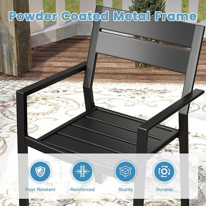 DIFY 5 Piece Outdoor Patio Dining Set for 4, 40.6" Round Dining Table with Umbrella Hole and Stackable Metal Chairs, Patio Table and Chairs Set for Backyard Garden Poolside, Walnut & Black
