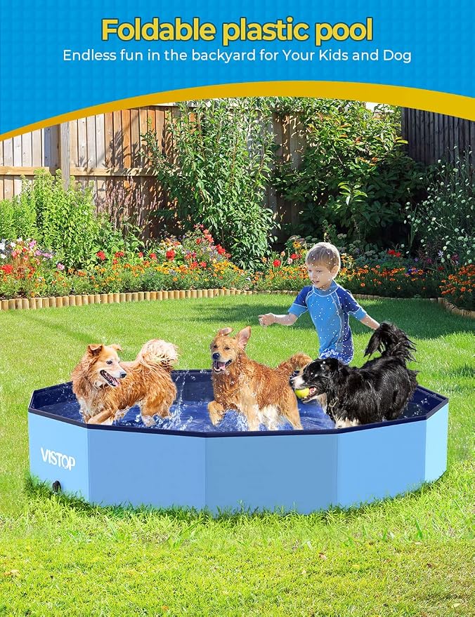 VISTOP Extra Large Foldable Dog Pool XXL, Hard Plastic Shell Portable Swimming Pool for Dogs Cats and Kids Pet Puppy Bathing Tub Collapsible Kiddie Pool (67inch.D x 11.8inch.H, Blue)