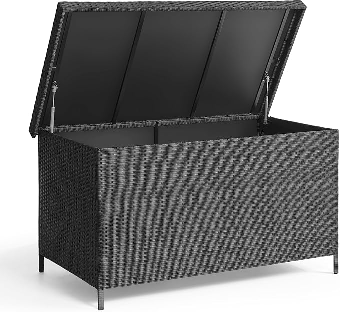 ONBRILL 158 Gallon XL Deck Box with Lid, All Weather Wicker Outdoor Storage Box Waterproof, Large Outdoor Patio Storage Bin for Cushions, Garden Tools, Gears, Black