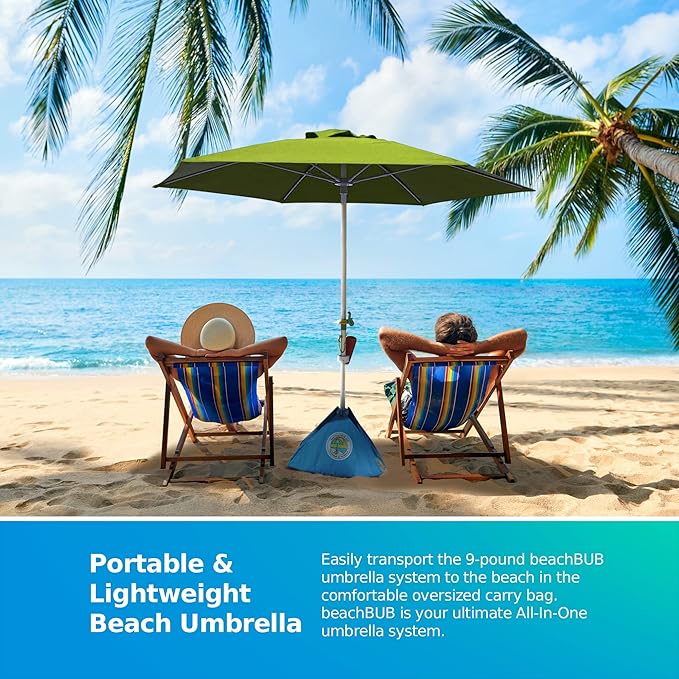 BEACHBUB ALL-IN-ONE BEACH UMBRELLA SYSTEM. Includes ULTRA Base (compliant with the ASTM F3681-24 Beach Umbrella Safety Standard). (Lime Lounger Green)
