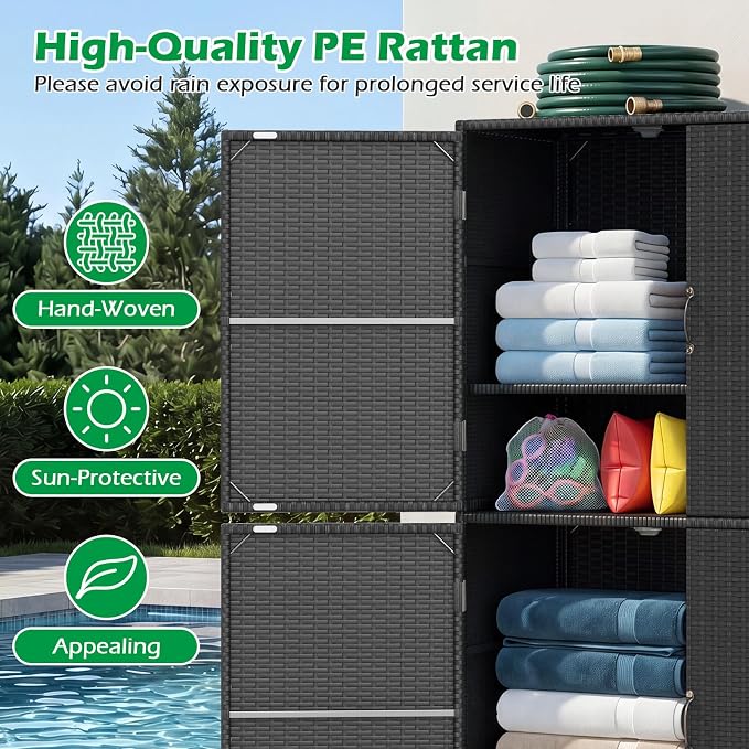 Tangkula Rattan Outdoor Storage Cabinet, Patiojoy Outdoor Cabinet with 2 Adjustable Shelves, 4 Doors, Patio Storage Deck Box Table for Patio Garden Poolside