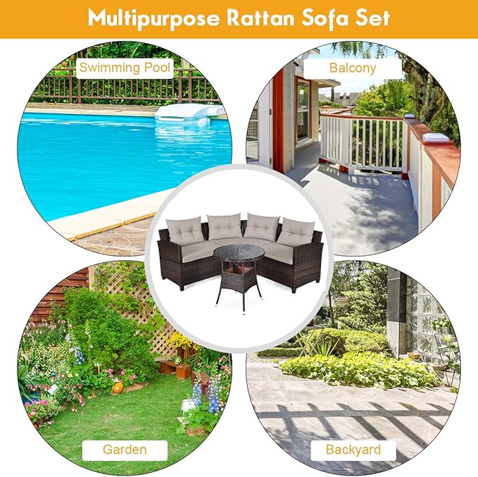 HAPPYGRILL 4 Pieces Curved Outdoor Sofa Set Rattan Wicker Patio Furniture Set with Coffee Table & Cushions Modern Conversation Set Curved Sofa Set for Garden Poolside Balcony