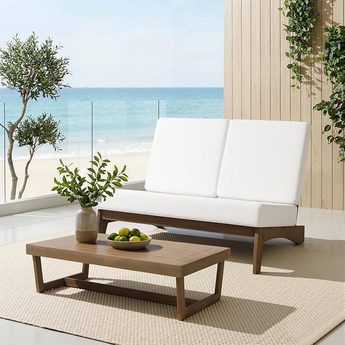 UIXE 2 Pieces All Weather Wood Patio Furniture Sets, Patio Loveseat Outdoor Sofa with Solid Wooden Coffee Table - Beige