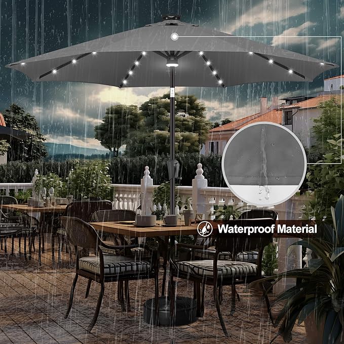 FLAME&SHADE 11 FT Solar Light Patio Umbrella, 40 LED Lights Outdoor Umbrella with Centre Surround Light, Table Market Umbrella for Deck, Pool, Porch, Backyard, Garden, UV Protection, Anthracite