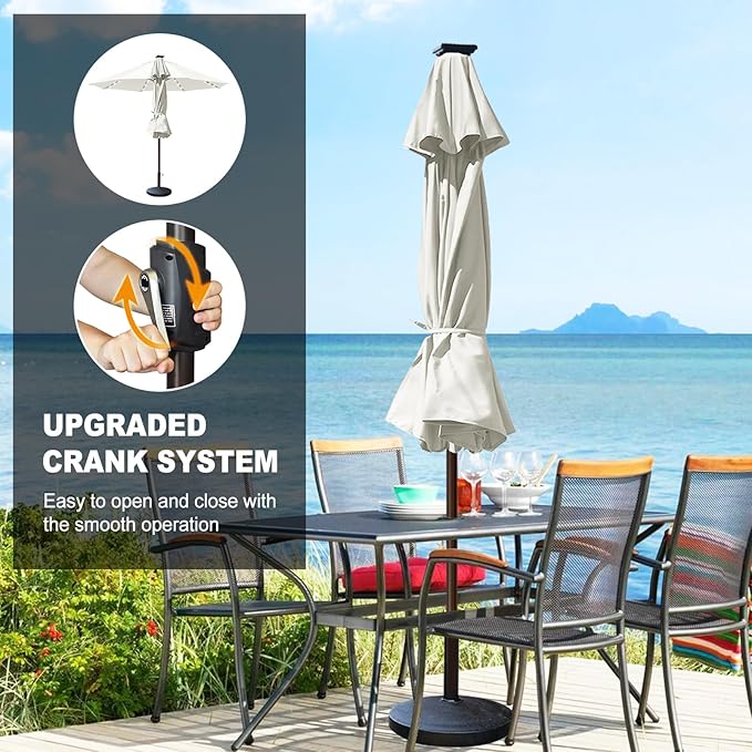 Eurmax USA 10-Year-Non-Fading 10FT Outdoor Patio Market Umbrella with LED Lights,UPF50+ UV Resistant,Heavy Duty Commercial Grade,Crank Lift Design,Windproof Vented Top for Garden,Pool,Deck,Natural