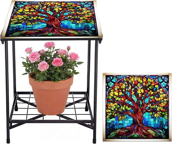 Cinnvoice Outdoor Side Table 2-Tier Storage Square Small Mosaic Patio Accent Indoor End Plant Coffee Tea Table for Yard Patio Porch Garden Living Room, Bedroom(Tree of Life Style)