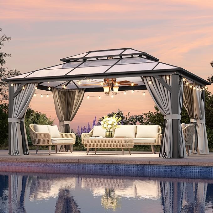 Aoxun 12'x16' Hardtop Gazebo, Outdoor Metal Gazebo with Double Polycarbonate Roof Canopy, Permanent Pavilion with Netting and Curtains for Lawn, Garden, Patio (Gray)