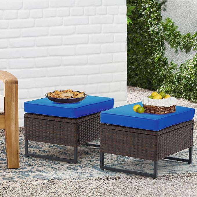 AVAWING Outdoor Wide Wicker Ottomans Set of 2, All-Weather Rattan Seat for Garden, Backyard and Balcony, Patio Footstool with Removable Cushions, Blue