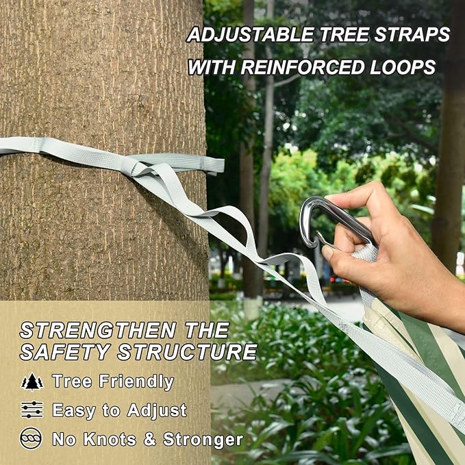 Camping Hammock Outdoor Hammocks for Outside Stripe Green Cream Beach Trees Portable Lightweight with Pockets Tree Straps Indoor