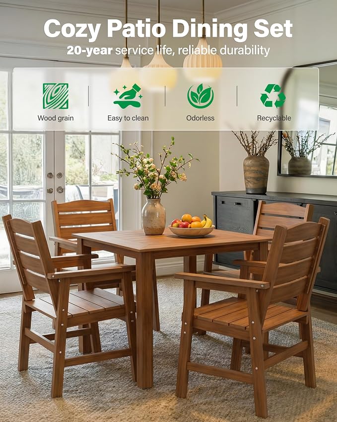 YEFU HIPS Outdoor Table and Chairs : Square Family-Friendly Patio Dining Sets - 5-Piece All-Weather Easy-Clean Outdoor Dining Set - Modern Furniture for Garden Deck Backyard Poolside（Teak）