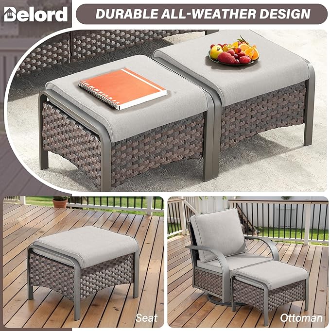 Belord 5 Piece Outdoor Wicker Furniture Set, High Back Deep Seating Patio Sofa Set with Metal Armrests Rattan Chairs, and Ottomans for Porch Deck Sunroom Backyard