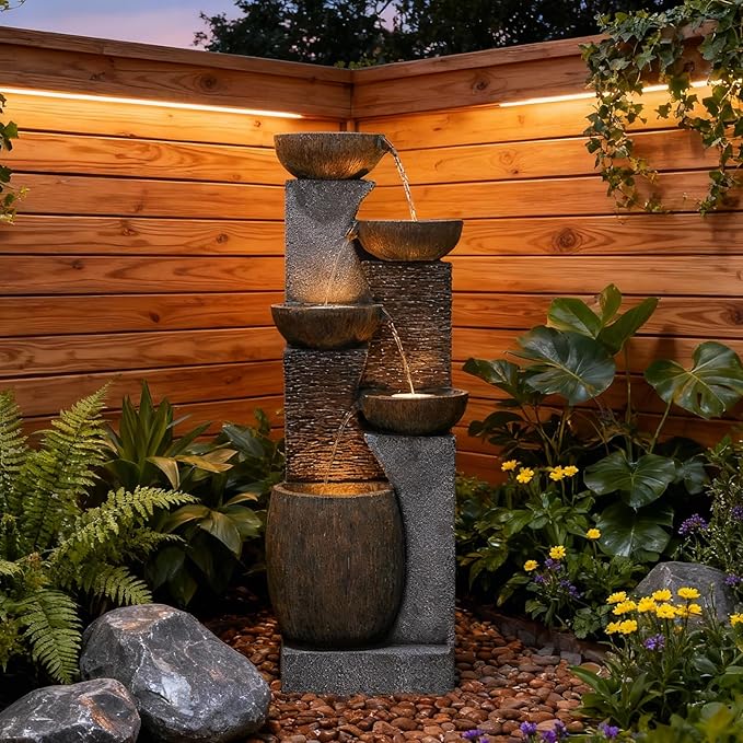 Bumilgar 51.4" H Outdoor Garden Water Fountain for Garden, Patio, Backyard, Deck, Porch and Home Art Decor, 5 Tiers Modern Cascading Large Outdoor Fountain with Lights