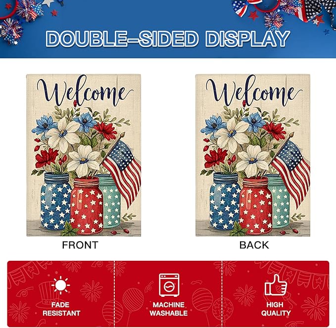 OTOSTAR Welcome Patriotic America 4th of July Garden Flag 28x40 Inch Double Sided Red White Blue Stars and Stripes Yard Outdoor Decorative Independence Day Memorial Day Garden Flag (Vase)
