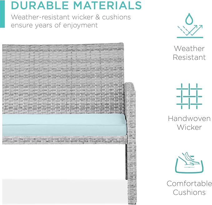 Best Choice Products 4-Piece Outdoor Wicker Patio Conversation Furniture Set for Backyard w/Coffee Table, Seat Cushions - Gray/Pastel Blue