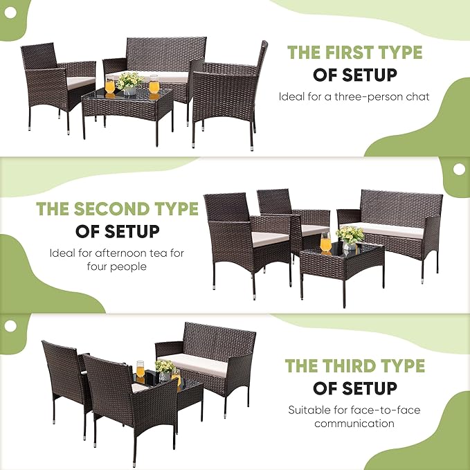 Greesum Patio Furniture 4 Pieces Conversation Sets Outdoor Wicker Rattan Chairs Garden Backyard Balcony Porch Poolside loveseat with Cushion and Glass Table, Brown and Beige