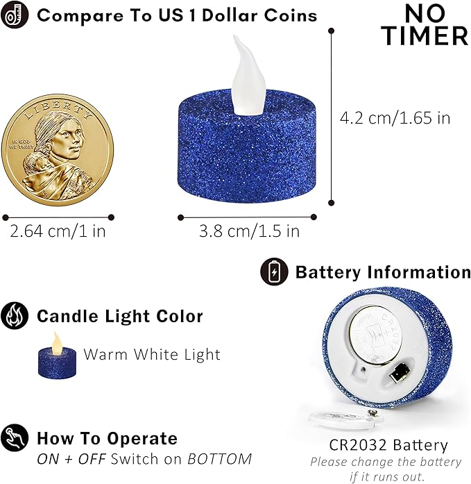 FURORA LIGHTING Royal Blue Glitter LED Tealight Candles Pack of 12, Flameless Flickering Tealight Candles for Home Décor, 1.5’’(W) x 1.65’’(H), Battery Operated