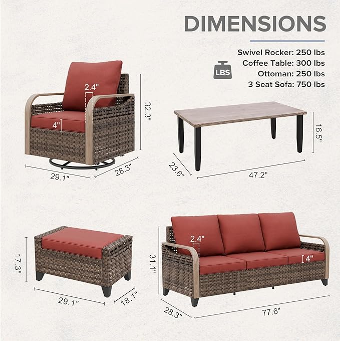 COOS BAY Modern Wicker Outdoor Furniture Set, 6 Piece Patio Conversation Set with 2 Swivel Rockers, a 3 Seat Couch, 2 Ottomans and Coffee Table, 6 Piece, Brown/Red