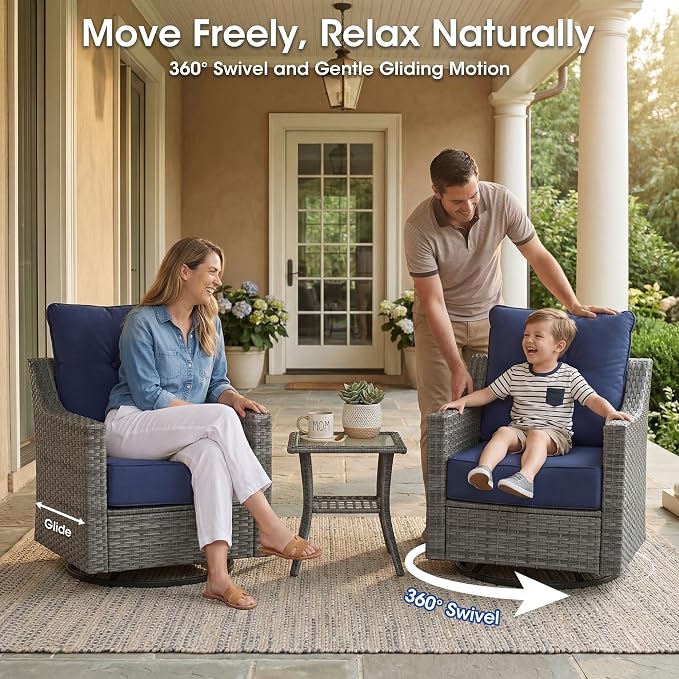 3 Piece Patio Furniture Set, Grey Wicker Outdoor Conversation Set with 2 Swivel Rocker Chairs and Side Table, 6-Inch Thick Cushions, High Back Seating, Blue Covers for Porch, Deck