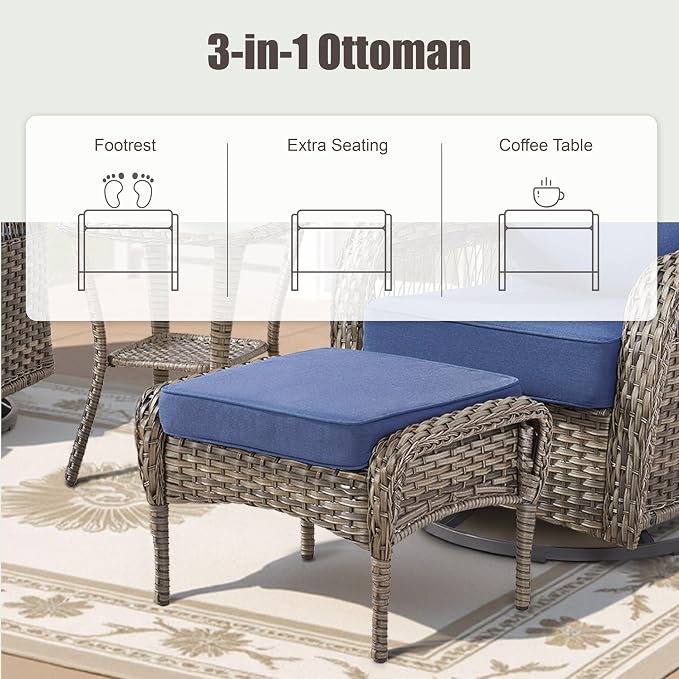 9 Pieces Outdoor Furniture Set, Swivel Rocker Patio Chairs Set of 4 Wicker 3 Seater Sofa with Ottmans Conversation Sets Patio Furniture for Deck Porch Garden Backyard, Blue