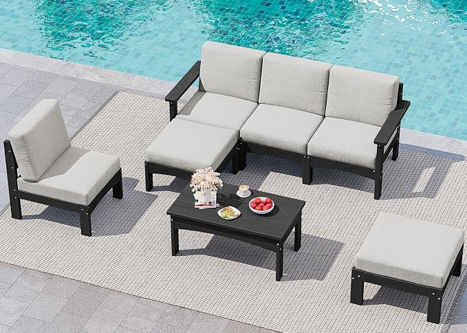 SERWALL HDPE Patio Furniture Set,7 Pieces Patio Conversation Set, All-Weather Modular Patio Sofa Set with Removable Cushions and Coffee Table for Deck, Garden, Porch, Black Frame with Khaki Cushion