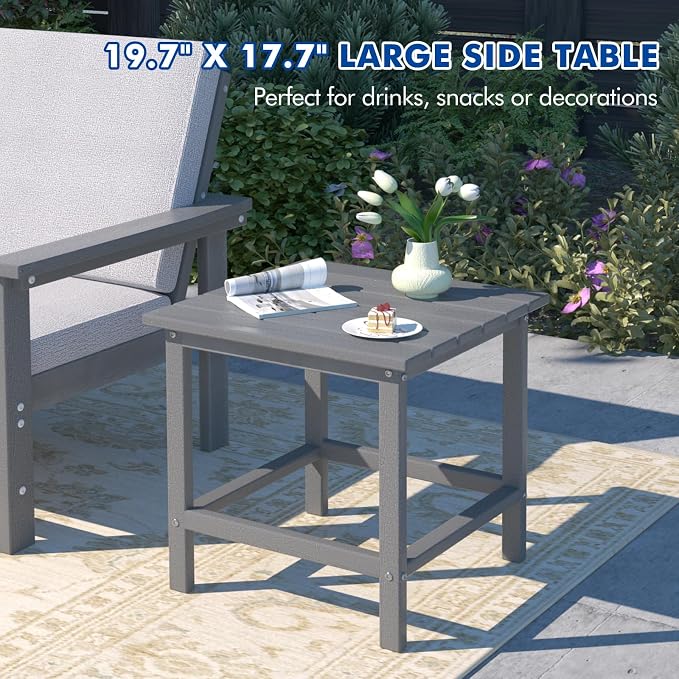 7-Piece HDPE Patio Furniture Set, All-Weather Outdoor Sectional Sofa Set w/Coffee Table+Side Table - Wood-Like Composite Conversation Couch for Deck, Lawn, Balcony - Grey Frame with Cushion