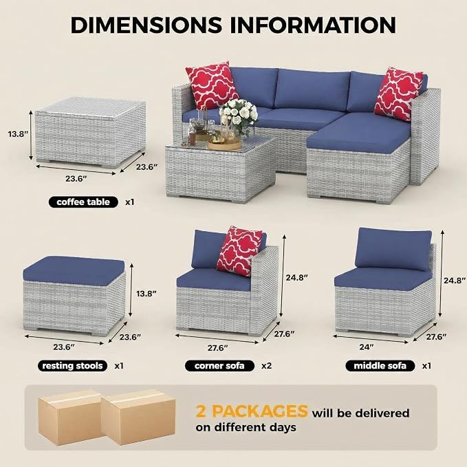 GarveeTech 5 Pieces Patio Furniture Set, All Weather Wicker Rattan Sectional Sofa, Outdoor Patio Furniture Set with Washable Cushions for Garden, Backyard, Porch, Poolside (Grey&Blue)