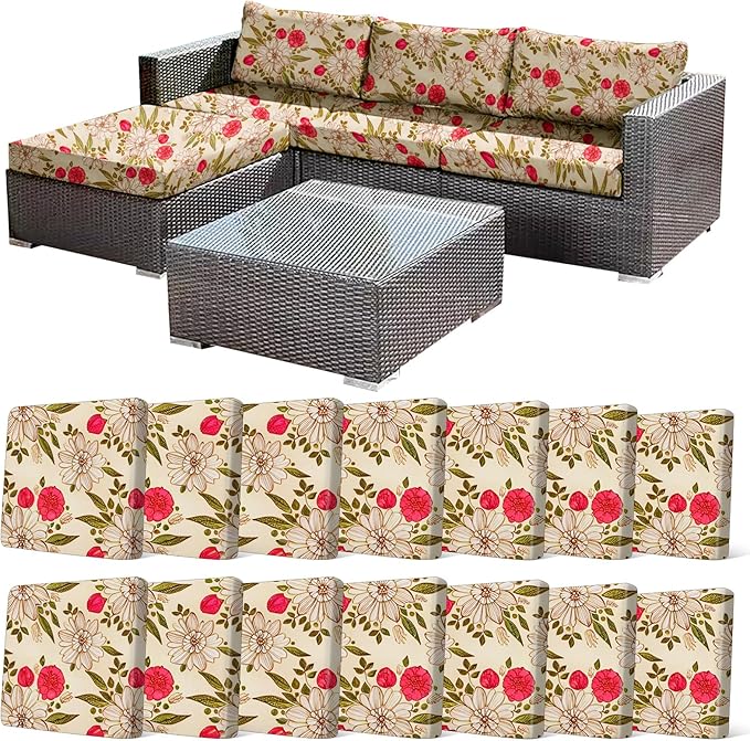 CALBODE 14Pcs Stretch Patio Cushion Cover, Floral Couch & Sofa Slipcovers for Patio Furniture Cushions Washable Reusable Couch Covers Replacement for All-Season (Rosy Pink Floral,Cover Only)