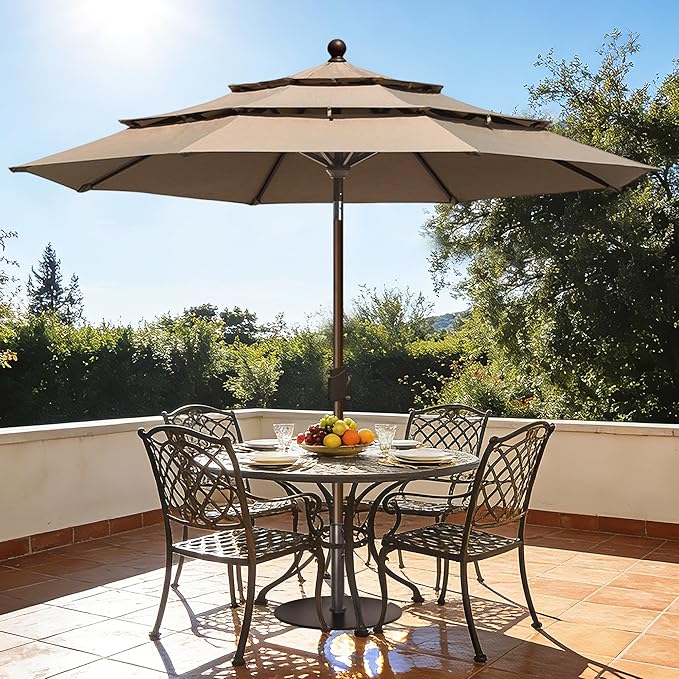 EliteShade USA 10-Year-Non-Fading 10ft 3-Tier Market Patio Umbrella, Commercial Grade Outdoor Table Umbrella with Crank Open, Windproof & UPF 50+ UV Protection, Heavy Duty Ventilation for Garden, Deck, Pool, Backyard, Beach & Bistro, Heather Beige