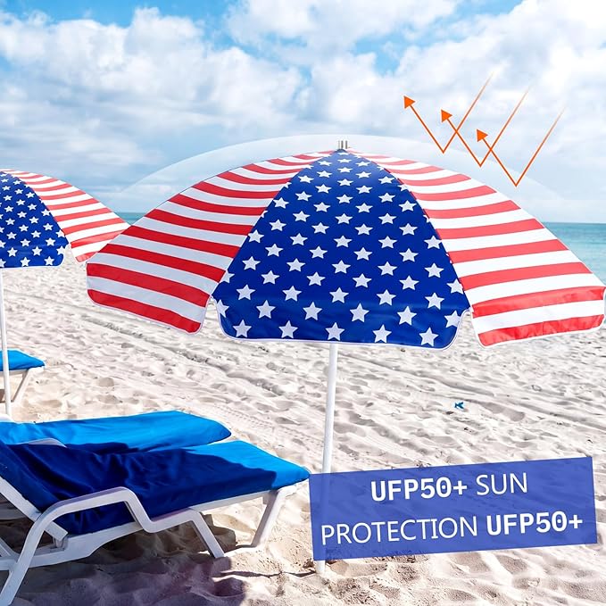 7.9ft 4th of July Patriotic Beach Umbrella Large American Flag Heavy Duty Wind Grade Red Blue White Umbrella UV 50+ for Patio Outdoor Independence Day