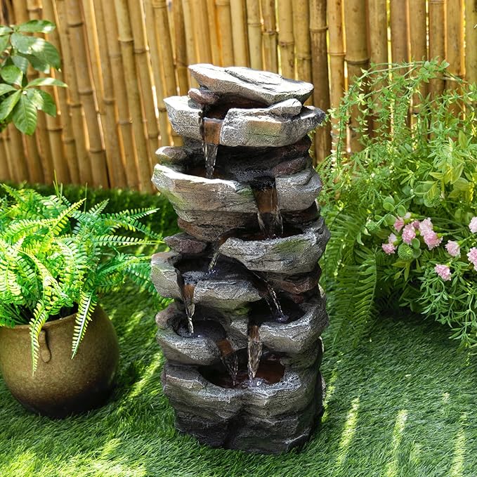 Water Fountain Outdoor 23.62" H 6-Tier Rock Cascading with LED Lights, Weather-Resistant Resin Stone Water Feature for Patio, Balcony & Home Decor, for Garden Lovers