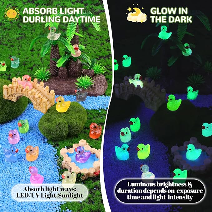 200PCS Mini Resin Animals Cute Tiny Ducks Glow in Dark,Miniature Duck Figures to Hide,Little Animal Small Figurines Bulk for Topper Desk Garden Dollhouse Landscape Ornaments DIY Crafts & Decor