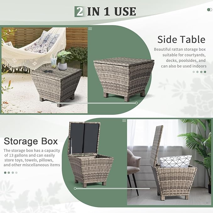 Outdoor PE Wicker Side Table with Storage – 13 Gallon Patio Storage Bin, All-Weather Rattan Coffee Table for Garden, Balcony, Poolside – Holds Hose, Cushions, Towels (Grey)