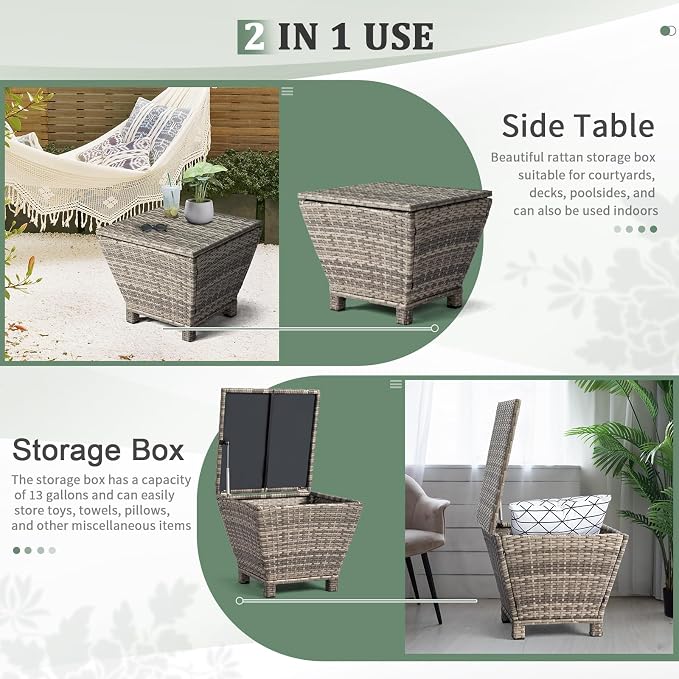 Outdoor Wicker Side Table with Storage, All-Weather Rattan Side Table, 13-Gallon Capacity, Water-Resistant Wicker Patio Table, for Outdoor Patio, Porch, Garden, Grey