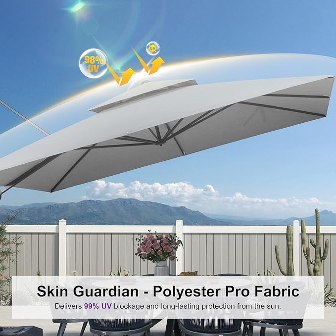 PURPLE LEAF 12 FT Cantilever Umbrella Outdoor Patio Umbrella, Large Offset Square Umbrella, Windproof Heavy Duty Hanging Outside Umbrellas for Patio, Pebble Grey