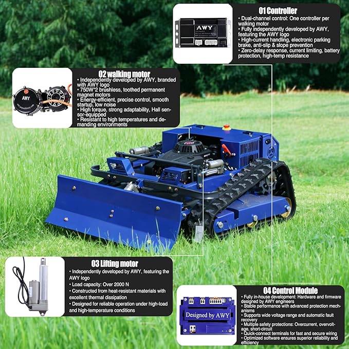 Remote Control Lawn Mower with Snow Plow, Crawler Track All-Terrain Machine, Oil-Electric Hybrid Power for Extreme Slopes and Large Turf, Adjustable Cutting Height