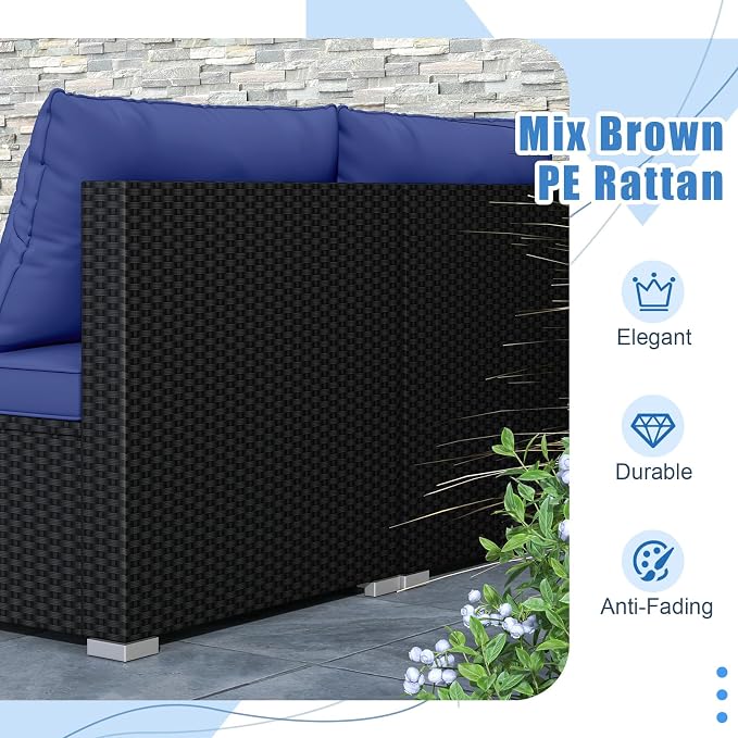 DORTALA 5 Piece Wicker Patio Furniture Set, PE Rattan Outdoor Sectional Conversation Set with Acacia Wood Coffee Table, 4 Chairs for Deck, Backyard, Poolside, Navy
